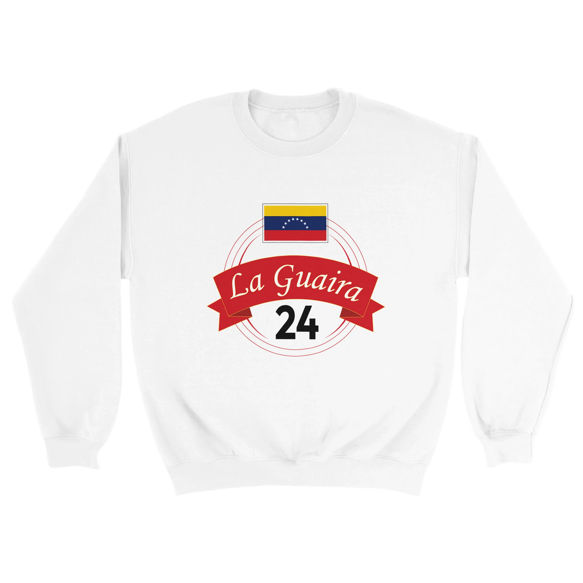 White sweatshirt with La Guaira 24 branding and flag