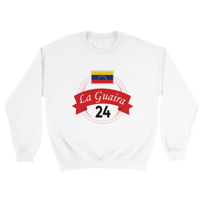 White sweatshirt with La Guaira 24 branding and flag