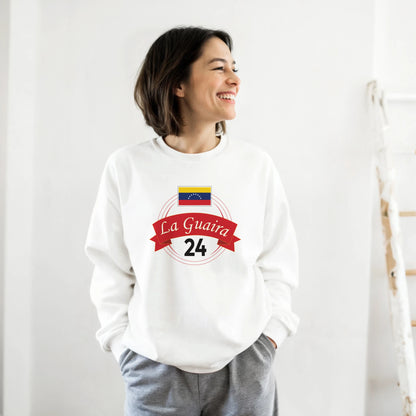 White sweatshirt with La Guaira 24 and flag graphic