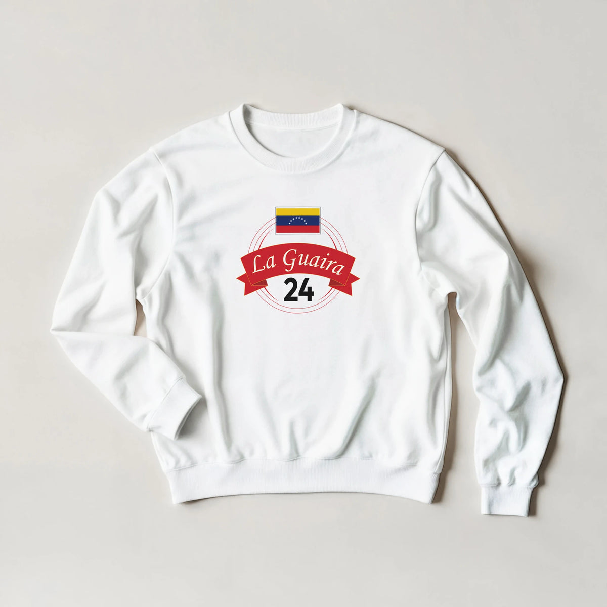 White sweatshirt featuring La Guaira 24 and Venezuelan flag design