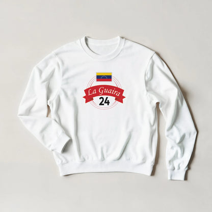 White sweatshirt featuring La Guaira 24 and Venezuelan flag design